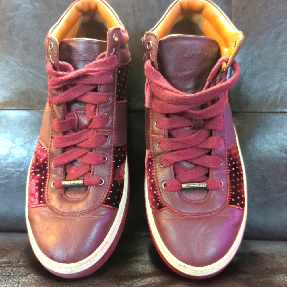 Jimmy Choo Bells Merlot Leather & Velvet Glitter Dot Sneakers Sz 38 US 8 E4